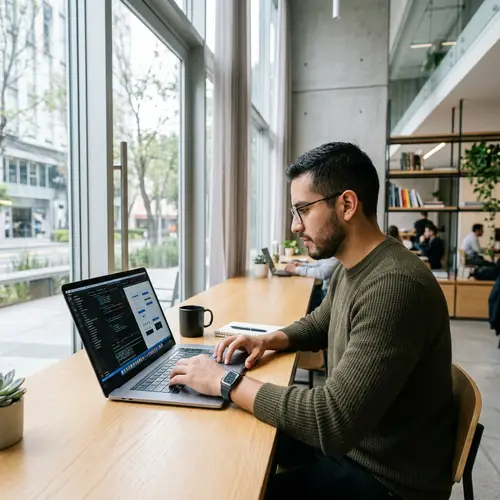 Hispanic Young Man Working on Laptop in Minimalistic Setting
