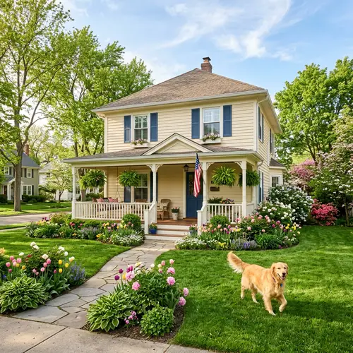 Charming Two-Story House with Wrap-Around Porch and Vibrant Flower Beds