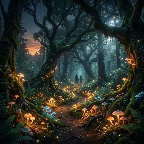 Enchanting Mystical Forest with Glowing Mushrooms & Mysterious Figures