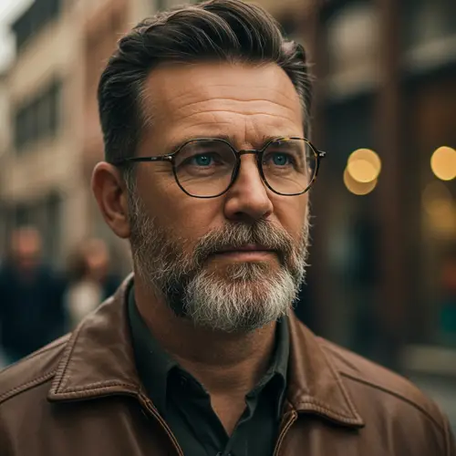 Middle-Aged Man in Stylish Brown Leather Jacket