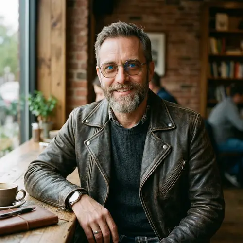 Middle-Aged Man in Stylish Brown Leather Jacket