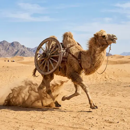 Running Camel with Wheel - Surreal Desert Scene