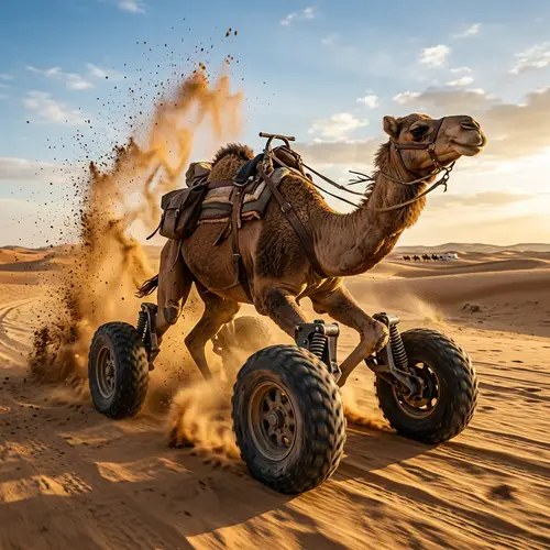 Camel with Car Wheel Feet Running