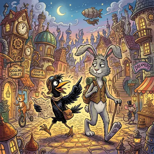 Comical Anthropomorphic Bird and Lagomorph Adventure in Surreal Cityscape