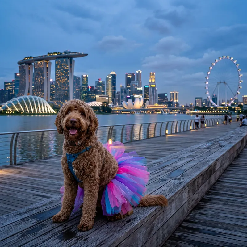 Brown Labradoodle in Tutu with Singapore Skyline Brown Labradoodle in Tutu with Singapore Skyline