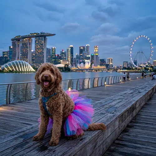 Brown Labradoodle in Tutu with Singapore Skyline
