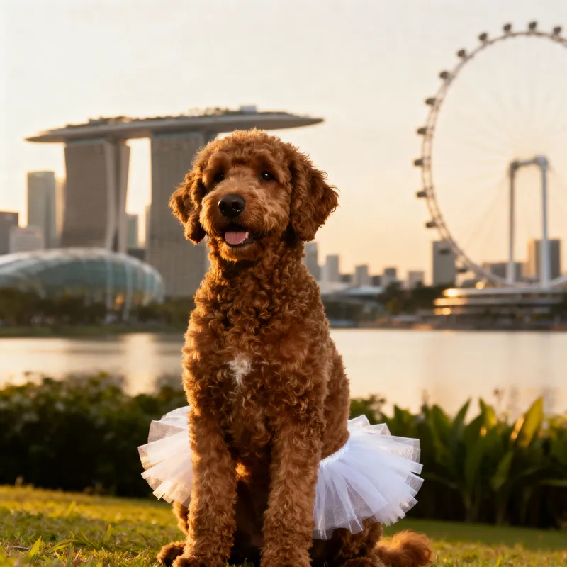 Brown Labradoodle in Tutu with Singapore Skyline