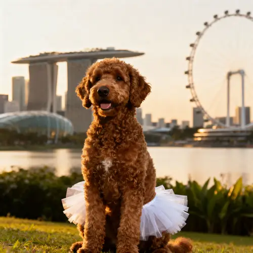 Brown Labradoodle in Tutu with Singapore Skyline