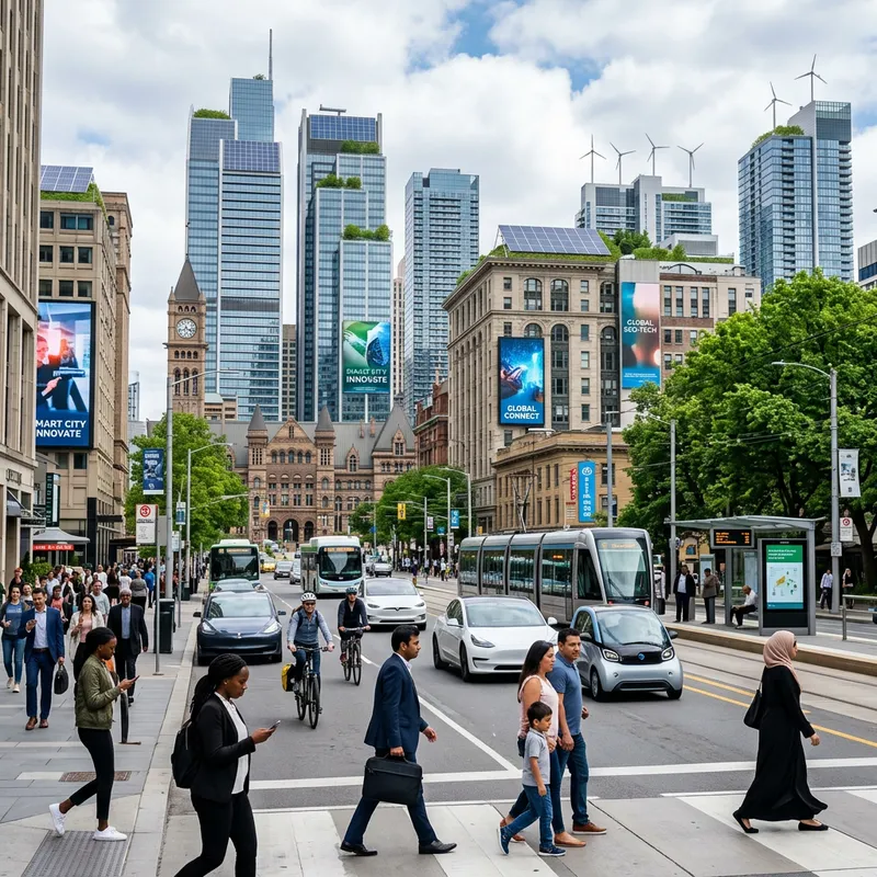 Modern Cityscape: Diverse Urban Life and Technology Modern Cityscape: Diverse Urban Life and Technology