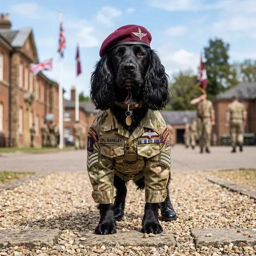 Black Cocker Spaniel in Army Uniform | Disciplined Canine Model
