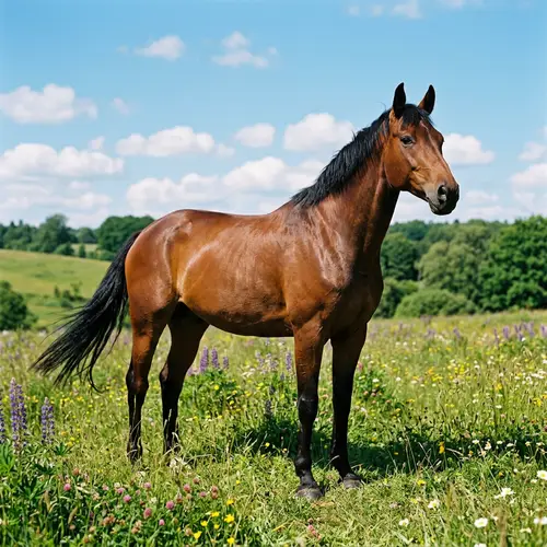 Majestic Brown Horse in Lush Meadow | Serene Summer Scene
