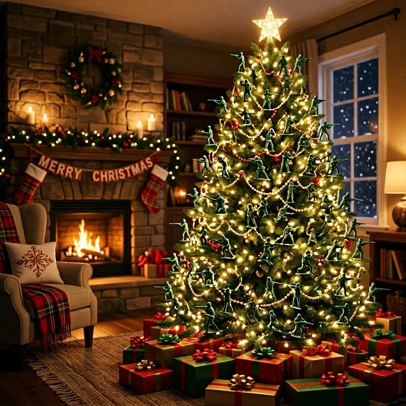 Christmas Tree Decorated with Small Plastic Army Green Soldiers