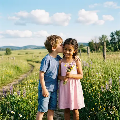 Innocent Childhood Moment: Boy Kissing Hispanic Girl Outdoors