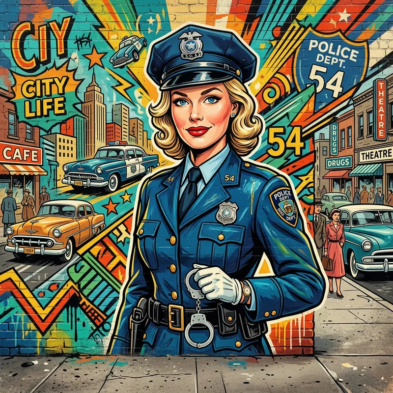 Bold Nordic Policewoman in Vibrant 1950s Street Art Style