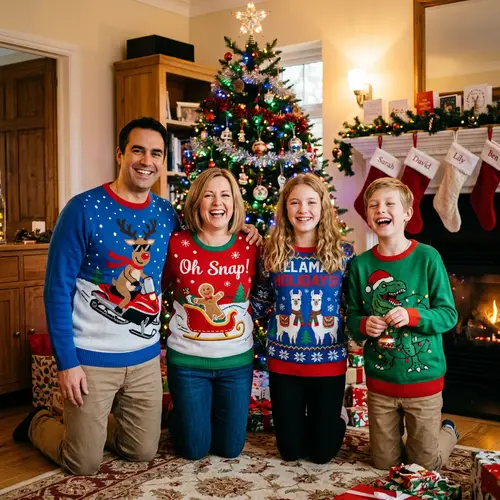 Warm Family Christmas Celebration with Ugly Christmas Sweaters