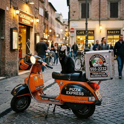 Black Cat on Pizza Delivery Scooter
