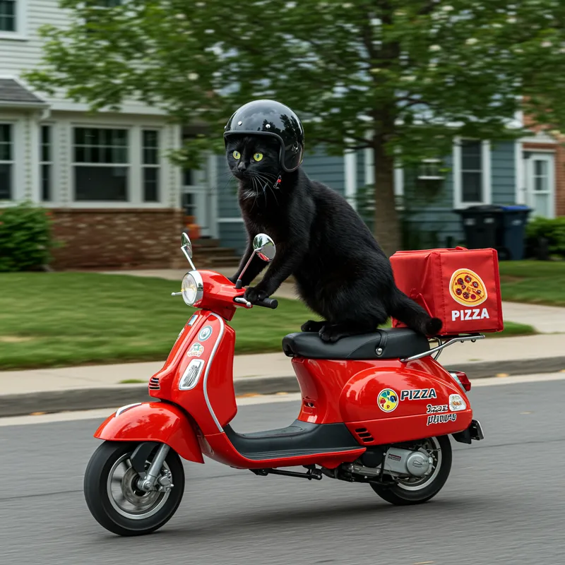 Black Cat on Pizza Delivery Scooter