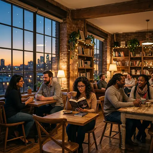 Diverse Office Workers Enjoying Coffee at Twilight in Cozy Cafe