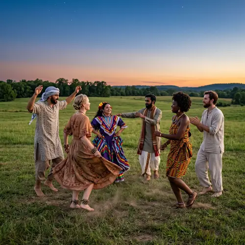 Diverse Group Engaging in Ancient Ritual Dance