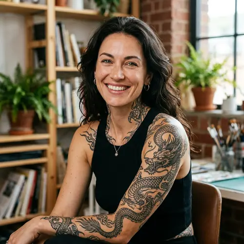 Hyperrealistic Woman Portrait with Dragon Tattoos