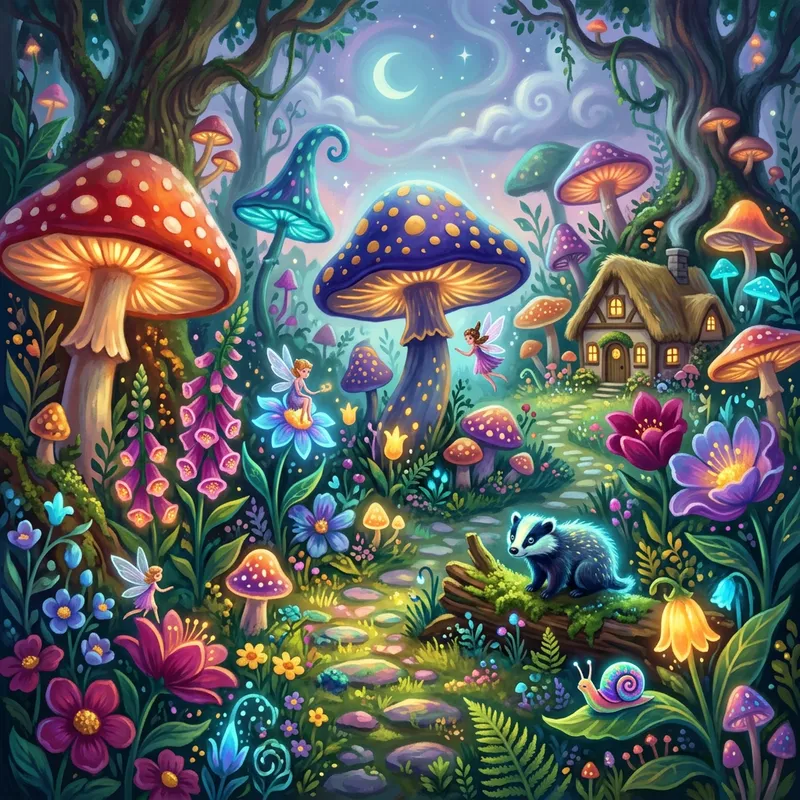 Whimsical Garden with Oversized Mushrooms and Colorful Flowers