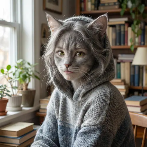Realistic Portrait of a Girl as a Gray Cat