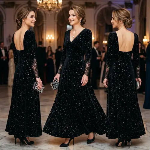 Midnight Black Velvet Dress with Twinkling Stars - Elegant A-line Silhouette