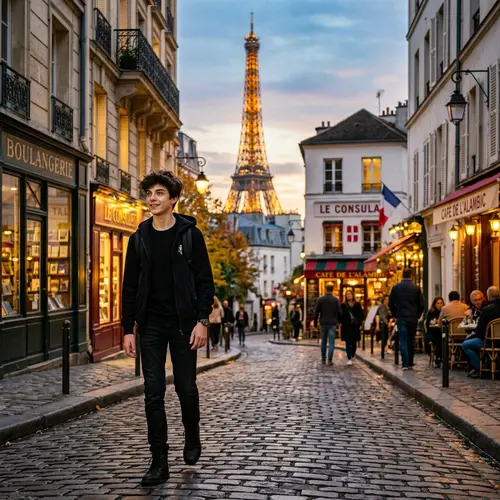 Tall Young Boy Exploring Paris with Eiffel Tower Backdrop