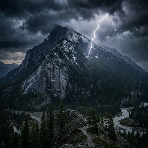 Majestic Mountain under Thunderstorm | 'H' Logo Carved