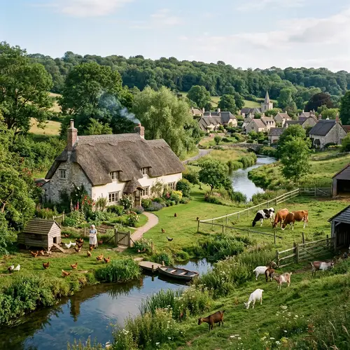 Tranquil Village Along River with Domestic Animals