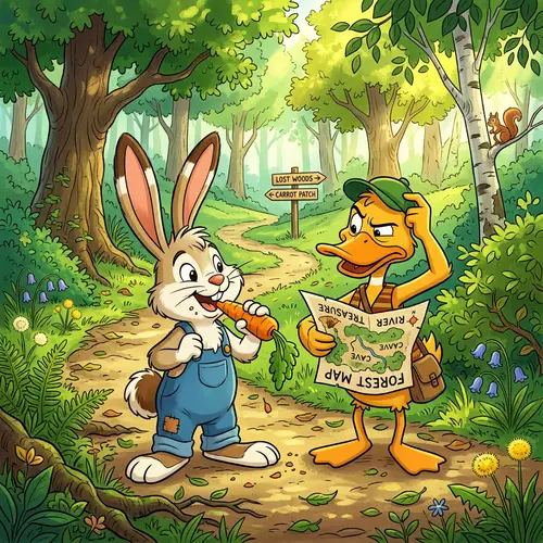 Cheerful Rabbit and Witty Duck in Verdant Forest