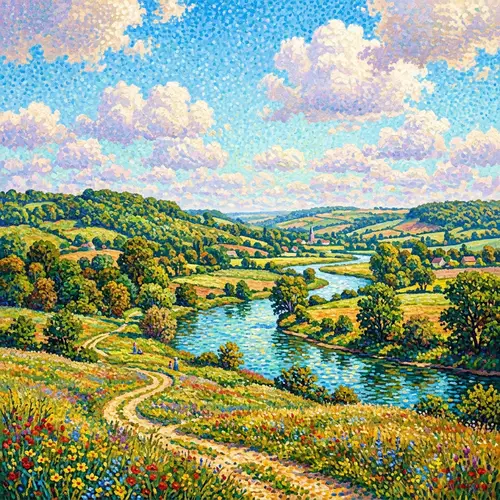 Bright Pointillism Landscape Painting: Scenic Beauty in Dots