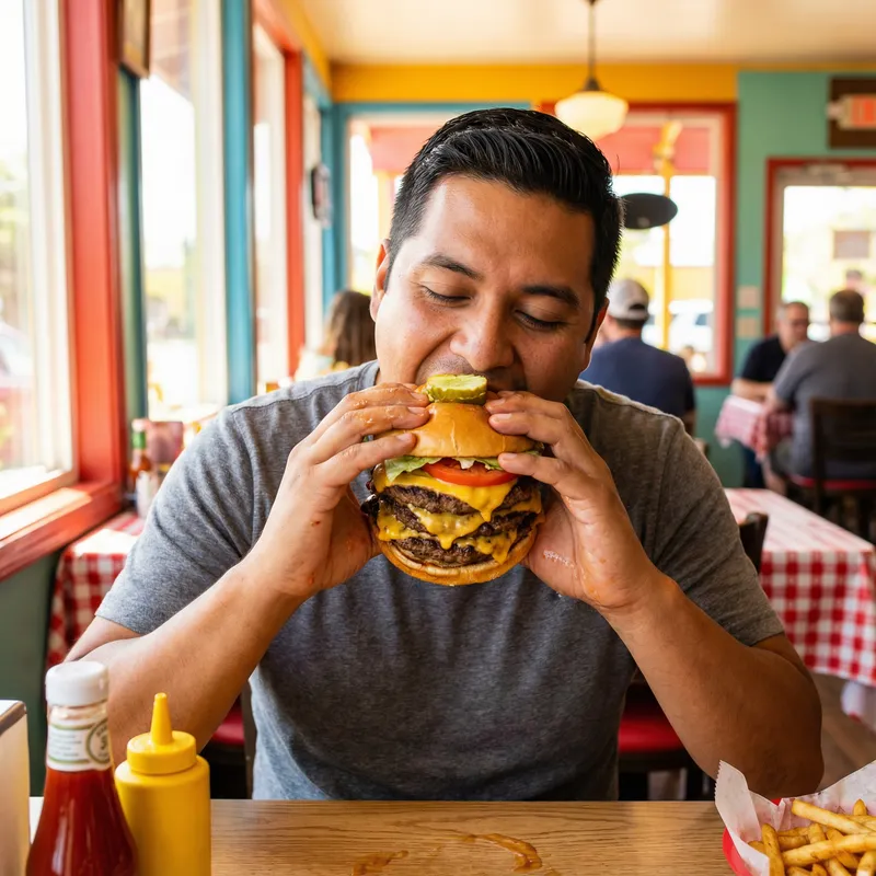 Hispanic Man Enjoying Triple Meat Burger | Man at Table
