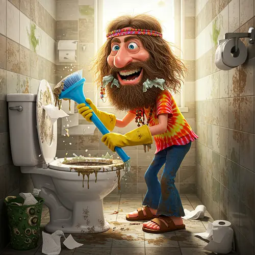 Funny Cartoon of a Hippie Cleaning a Toilet