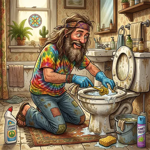 Funny Cartoon of a Hippie Cleaning a Toilet