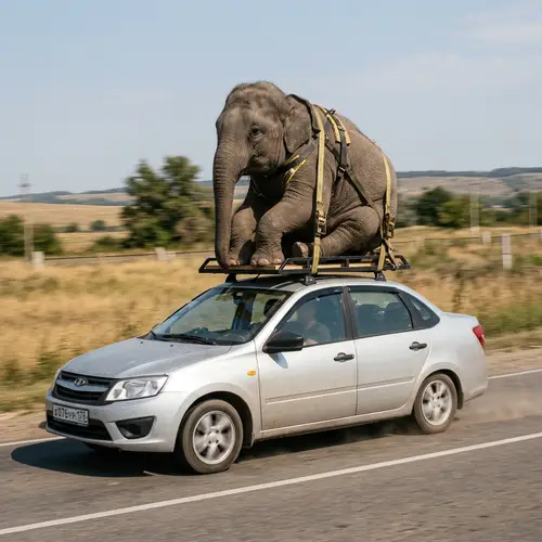 Realistic Illustration of Elephant on Lada Granta Car