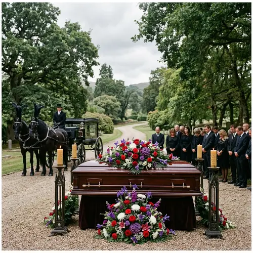 Elegant Funeral Arrangements with Vibrant Flowers and Gothic Ambiance