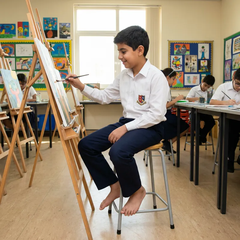 Cheerful Middle Eastern Boy Painting in School Uniform