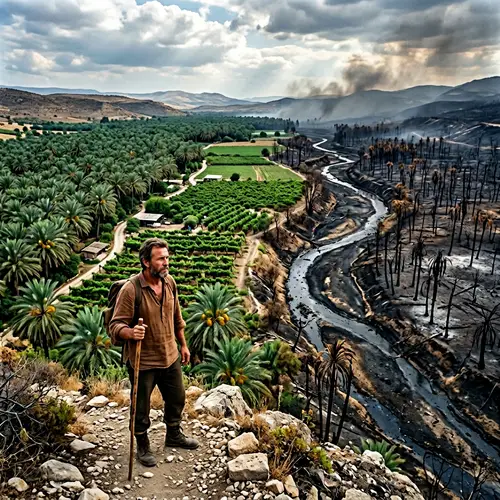 Man Gazing at Lush Gardens and Devastated Rivers