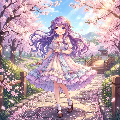 Serene Anime Girl with Long Purple Hair | Cherry Blossom Scene