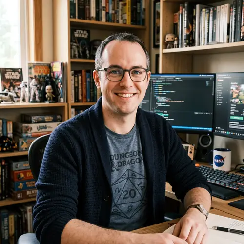 Friendly Male Nerd with Blue Eyes and Shaven Look