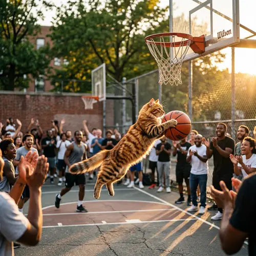 Playful Feline in Action: Basketball Game in Sunny Park
