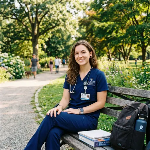 Caucasian Nursing Student in Navy Blue Uniform | Park Setting