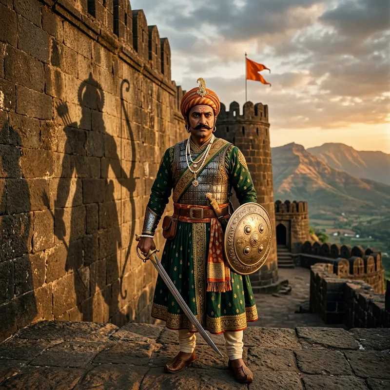 Shivaji Maharaj in Traditional Attire with Lord Rama's Shadow Shivaji Maharaj in Traditional Attire with Lord Rama's Shadow
