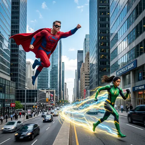 Superhero Scene: Male and Female Heroes in Action