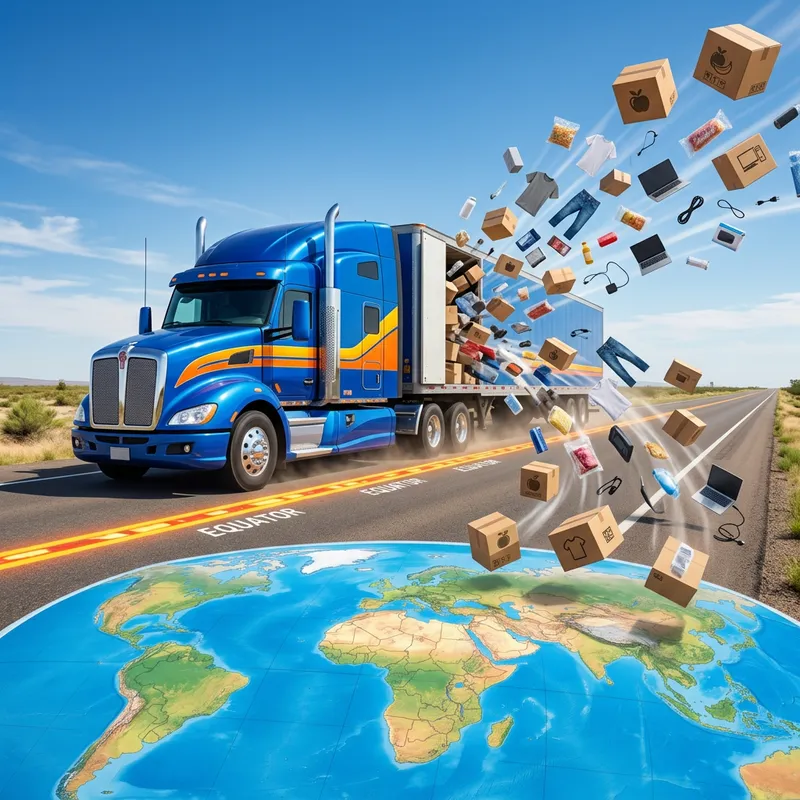 Brands Worldwide: Freight Truck Delivering Diverse Goods Across Equator
