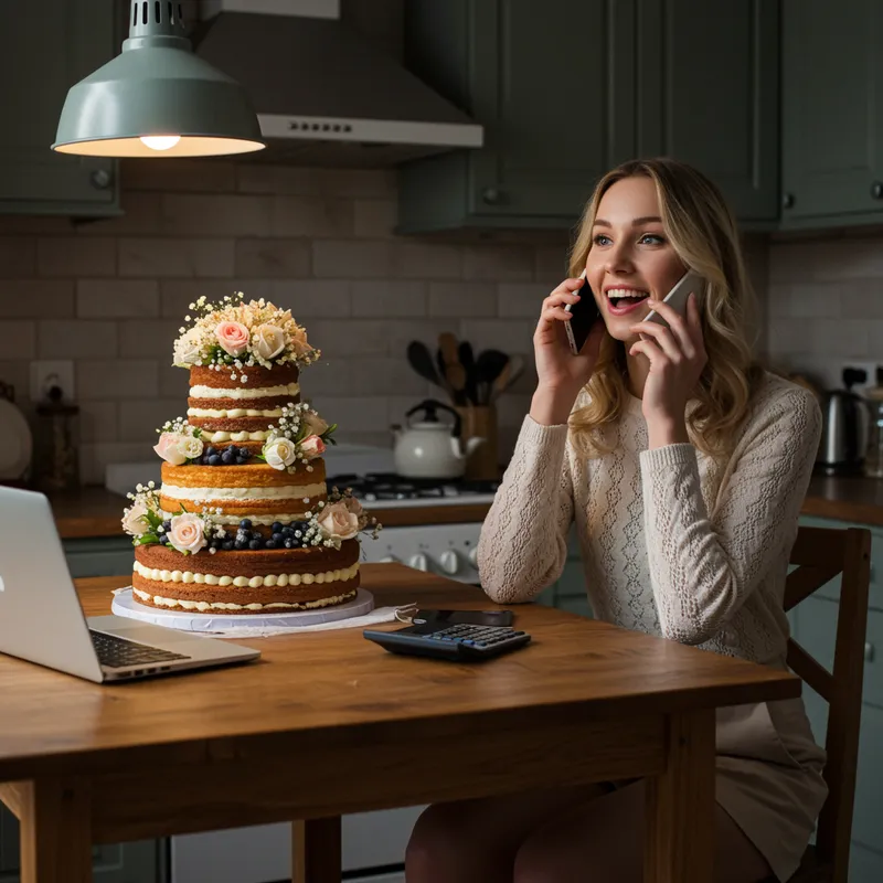 Beautiful Woman in Cozy Kitchen with Wedding Cake