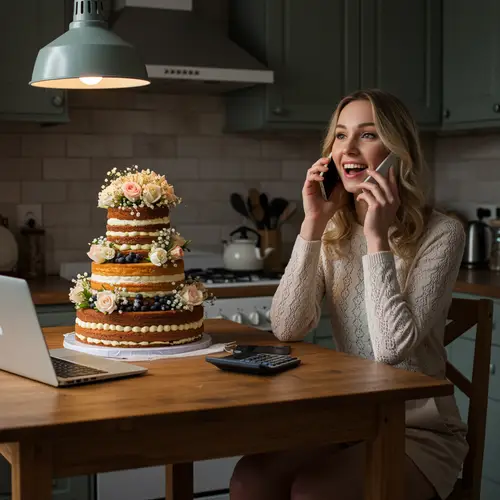 Beautiful Woman in Cozy Kitchen with Wedding Cake