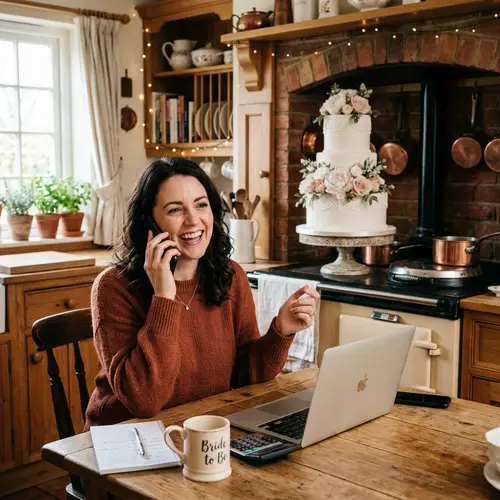 Beautiful Woman in Cozy Kitchen with Wedding Cake