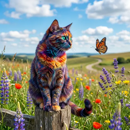 Creative Cat Watching Butterfly in Vibrant Colors